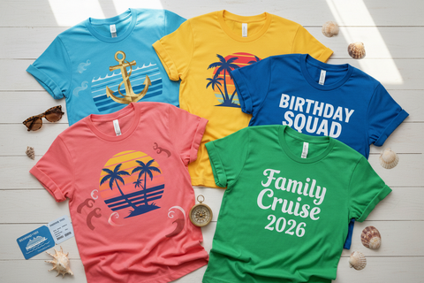 Colorful custom cruise shirts for a birthday group