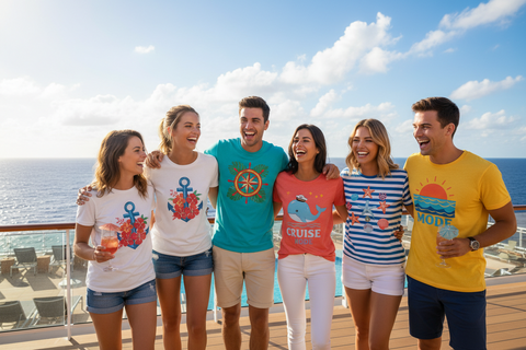 Cruise travelers wearing matching group shirts on a ship
