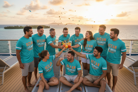 Family group wearing coordinated custom cruise shirts