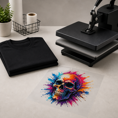 DTF transfer application workflow with heat press and shirt