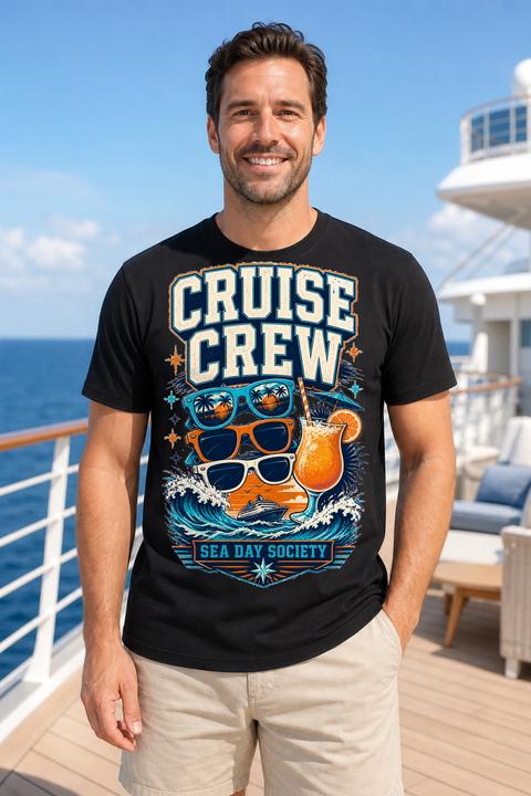 Male black T-shirt cruise deck mockup using exact CRUISE-0002 artwork