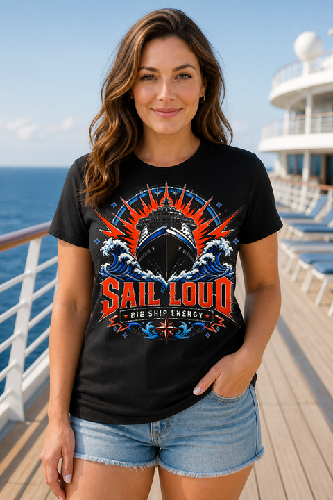 Female black T-shirt cruise deck mockup using exact CRUISE-0004 artwork