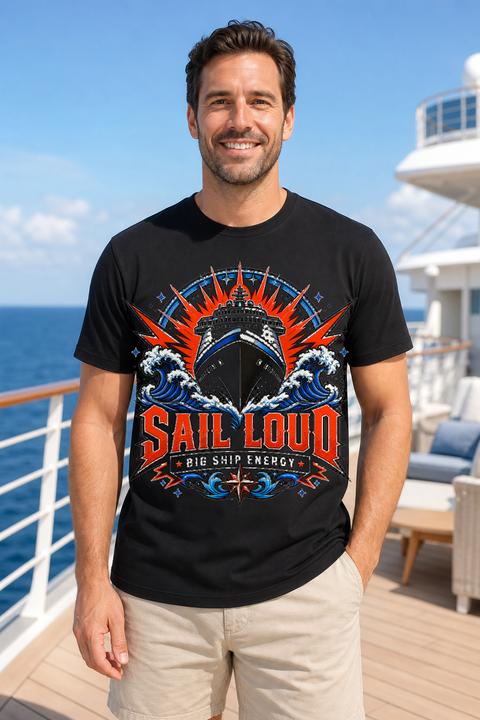 Male black T-shirt cruise deck mockup using exact CRUISE-0004 artwork