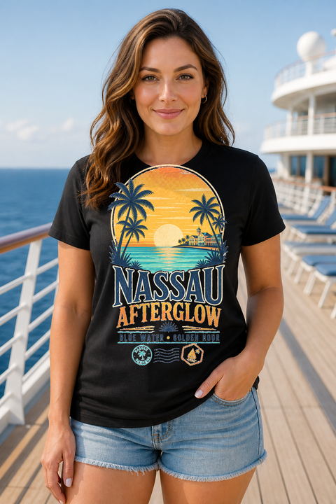 Female black T-shirt cruise deck mockup using exact CRUISE-0005 artwork