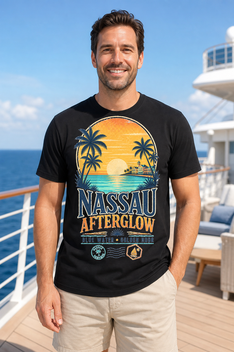 Male black T-shirt cruise deck mockup using exact CRUISE-0005 artwork
