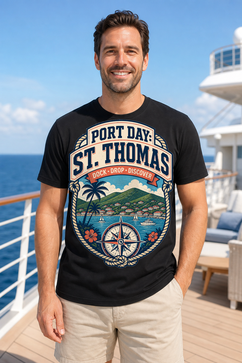 Male black T-shirt cruise deck mockup using exact CRUISE-0006 artwork