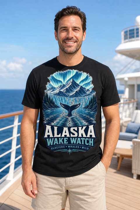Male black T-shirt cruise deck mockup using exact CRUISE-0008 artwork
