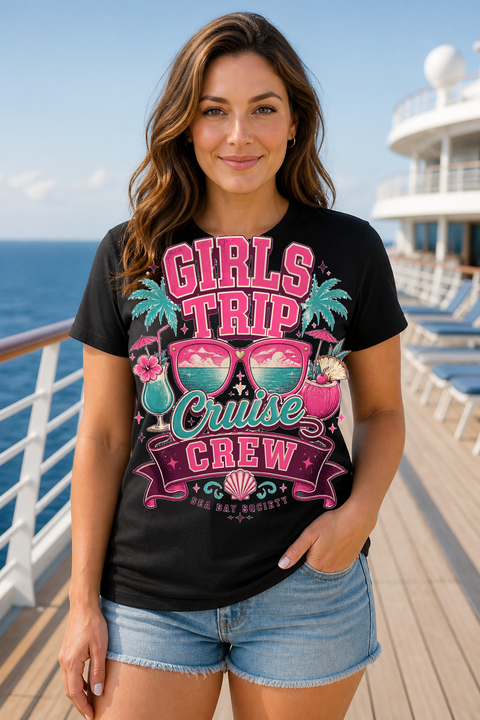 Female black T-shirt cruise deck mockup using exact CRUISE-0009 artwork