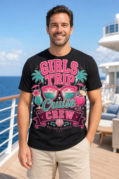 Male black T-shirt cruise deck mockup using exact CRUISE-0009 artwork