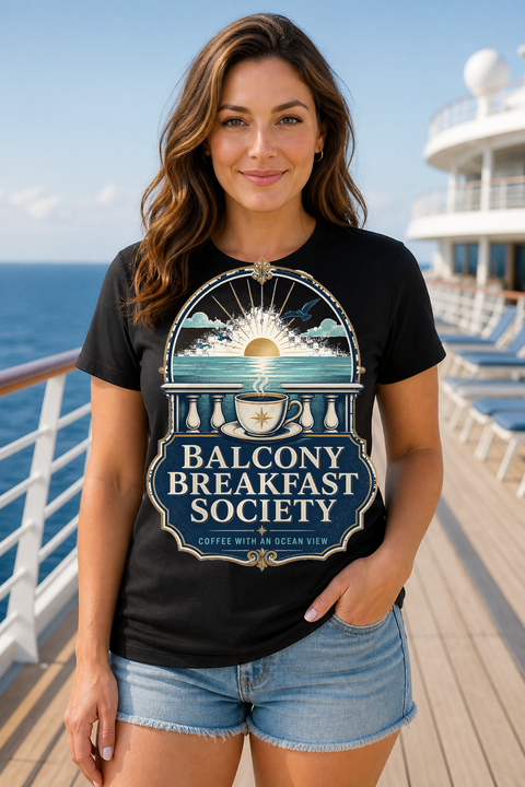 Female black T-shirt cruise deck mockup using exact CRUISE-0013 artwork