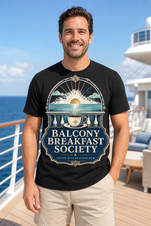 Male black T-shirt cruise deck mockup using exact CRUISE-0013 artwork