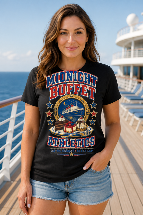 Female black T-shirt cruise deck mockup using exact CRUISE-0014 artwork