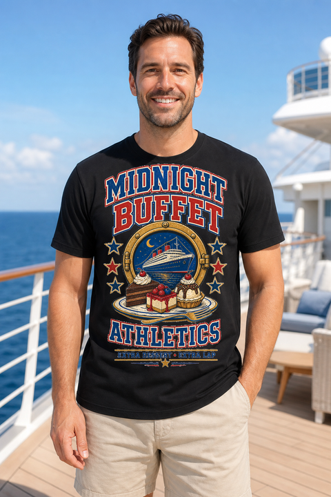 Male black T-shirt cruise deck mockup using exact CRUISE-0014 artwork