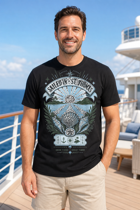 Male black T-shirt cruise deck mockup using exact CRUISE-0015 artwork
