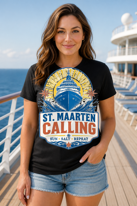 Female black T-shirt cruise deck mockup using exact CRUISE-0016 artwork