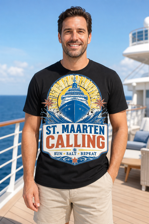Male black T-shirt cruise deck mockup using exact CRUISE-0016 artwork