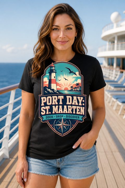 Female black T-shirt cruise deck mockup using exact CRUISE-0017 artwork