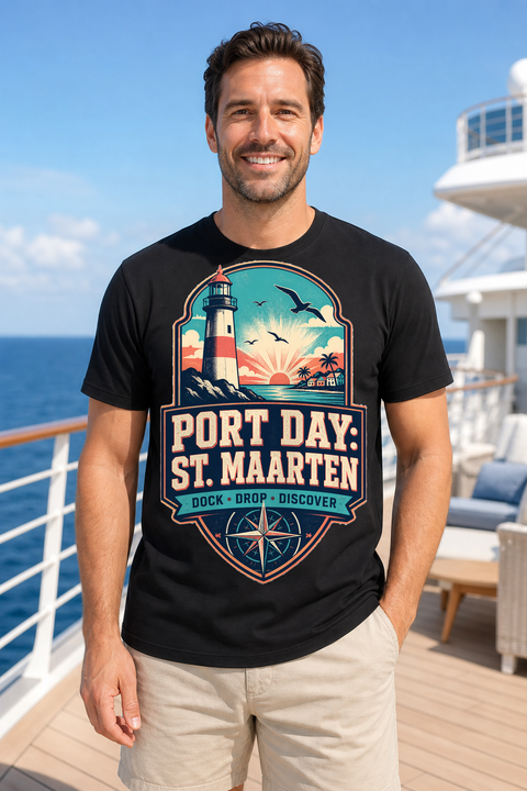 Male black T-shirt cruise deck mockup using exact CRUISE-0017 artwork
