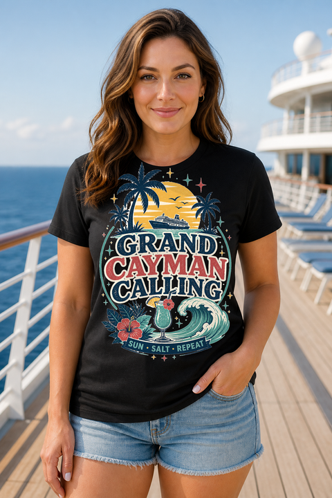 Female black T-shirt cruise deck mockup using exact CRUISE-0021 artwork