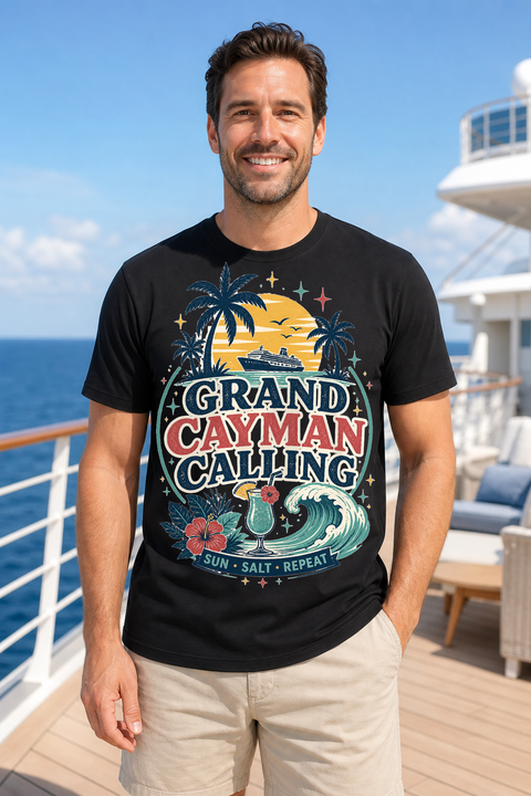 Male black T-shirt cruise deck mockup using exact CRUISE-0021 artwork