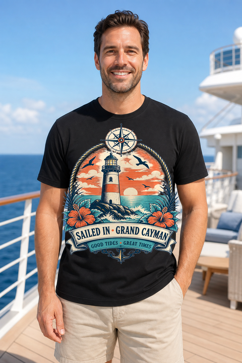 Male black T-shirt cruise deck mockup using exact CRUISE-0025 artwork