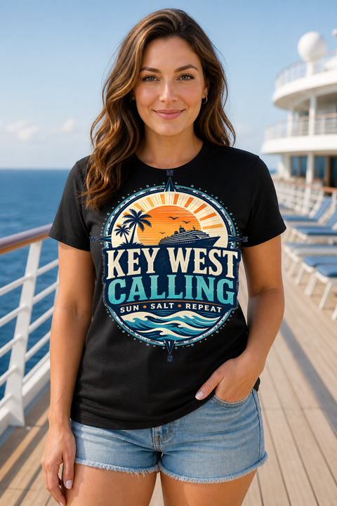 Female black T-shirt cruise deck mockup using exact CRUISE-0026 artwork