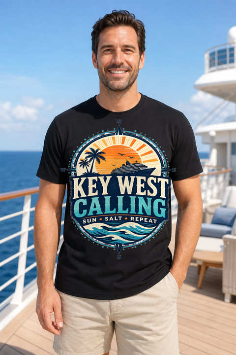Male black T-shirt cruise deck mockup using exact CRUISE-0026 artwork