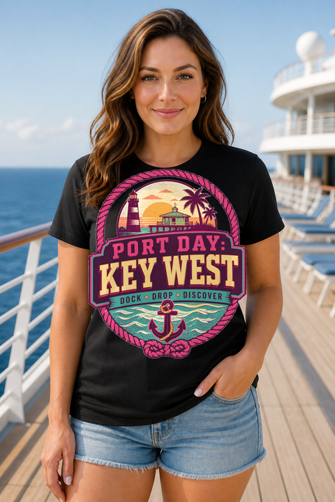 Female black T-shirt cruise deck mockup using exact CRUISE-0027 artwork