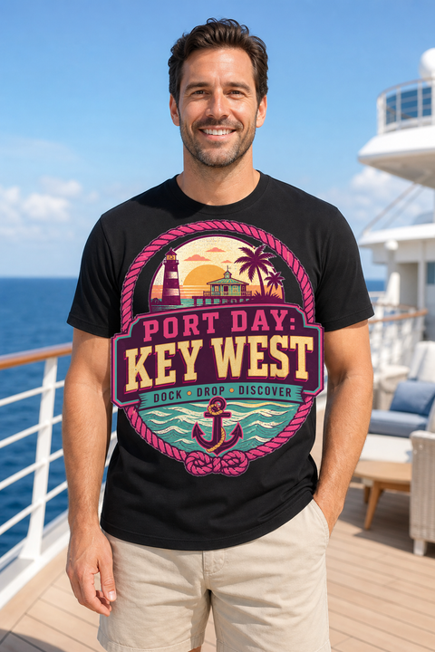 Male black T-shirt cruise deck mockup using exact CRUISE-0027 artwork