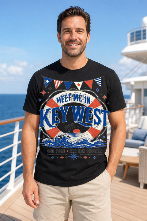 Male black T-shirt cruise deck mockup using exact CRUISE-0028 artwork