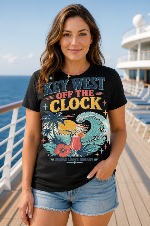 Female black T-shirt cruise deck mockup using exact CRUISE-0029 artwork