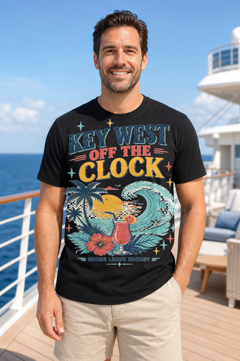 Male black T-shirt cruise deck mockup using exact CRUISE-0029 artwork