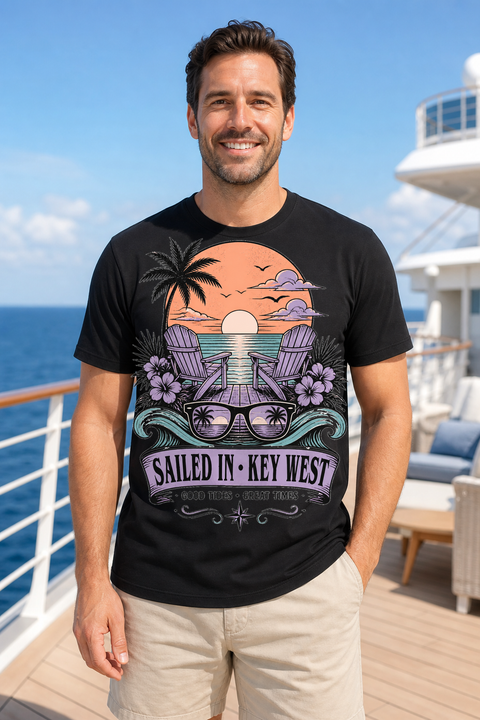 Male black T-shirt cruise deck mockup using exact CRUISE-0030 artwork