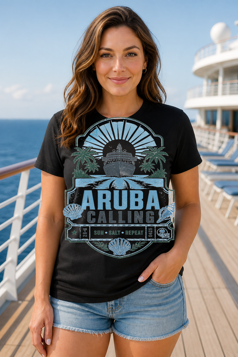 Female black T-shirt cruise deck mockup using exact CRUISE-0031 artwork