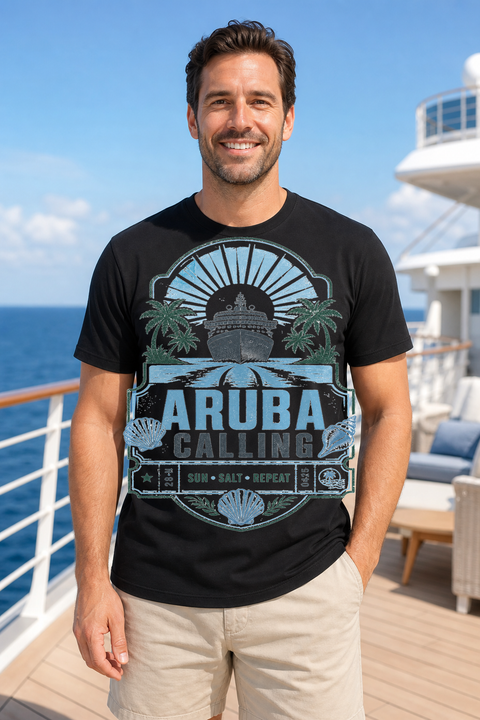 Male black T-shirt cruise deck mockup using exact CRUISE-0031 artwork