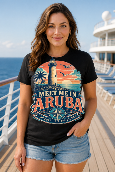 Female black T-shirt cruise deck mockup using exact CRUISE-0033 artwork