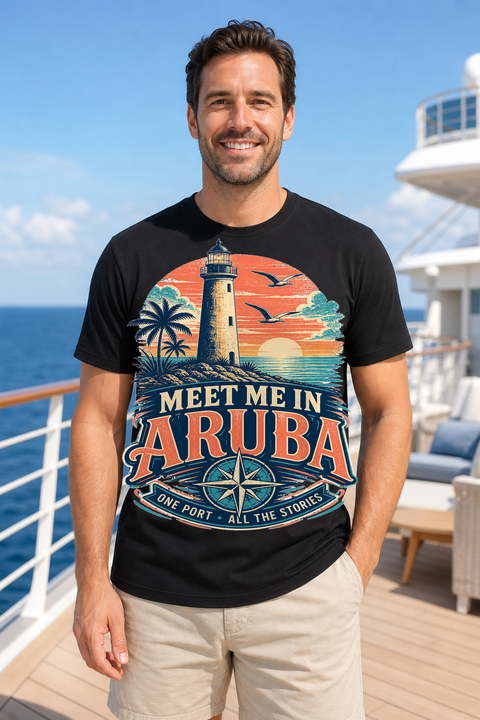Male black T-shirt cruise deck mockup using exact CRUISE-0033 artwork