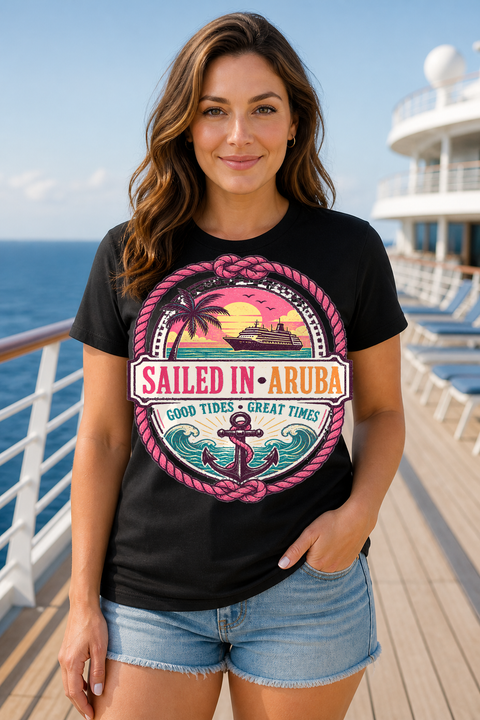 Female black T-shirt cruise deck mockup using exact CRUISE-0035 artwork