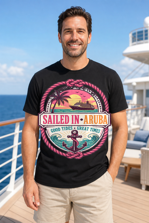 Male black T-shirt cruise deck mockup using exact CRUISE-0035 artwork
