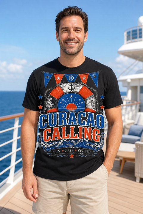 Male black T-shirt cruise deck mockup using exact CRUISE-0036 artwork