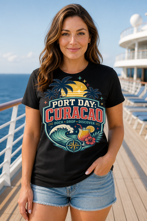 Female black T-shirt cruise deck mockup using exact CRUISE-0037 artwork