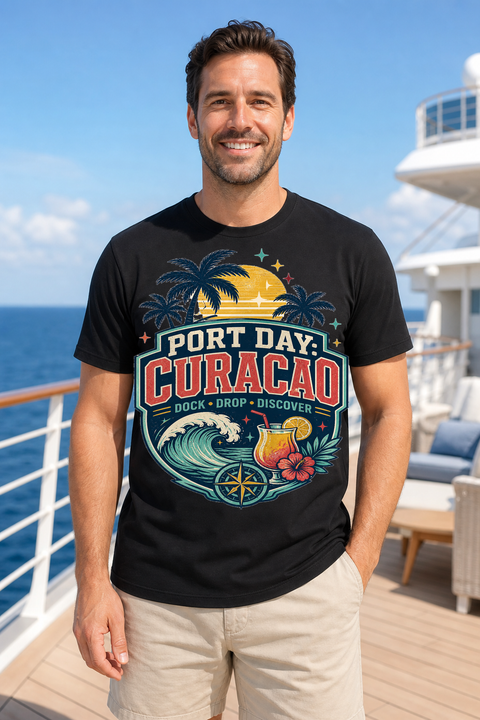 Male black T-shirt cruise deck mockup using exact CRUISE-0037 artwork