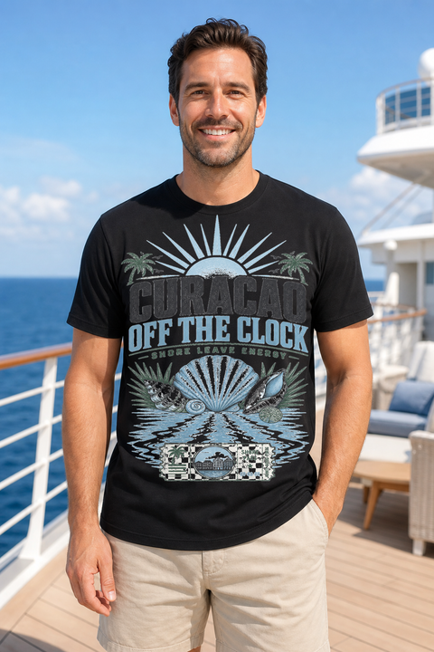 Male black T-shirt cruise deck mockup using exact CRUISE-0039 artwork