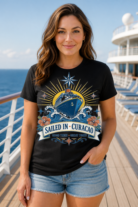 Female black T-shirt cruise deck mockup using exact CRUISE-0040 artwork