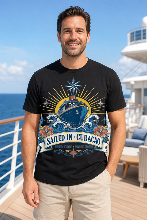 Male black T-shirt cruise deck mockup using exact CRUISE-0040 artwork