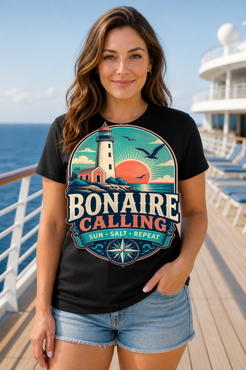 Female black T-shirt cruise deck mockup using exact CRUISE-0041 artwork