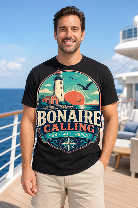 Male black T-shirt cruise deck mockup using exact CRUISE-0041 artwork