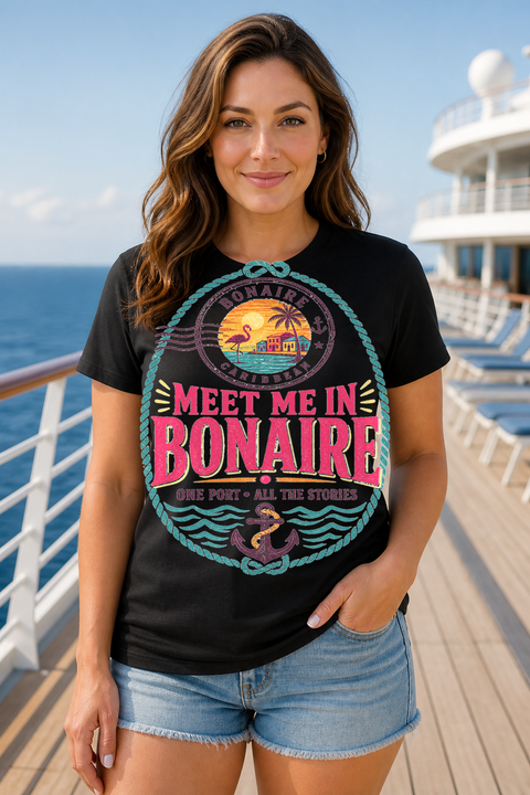 Female black T-shirt cruise deck mockup using exact CRUISE-0043 artwork