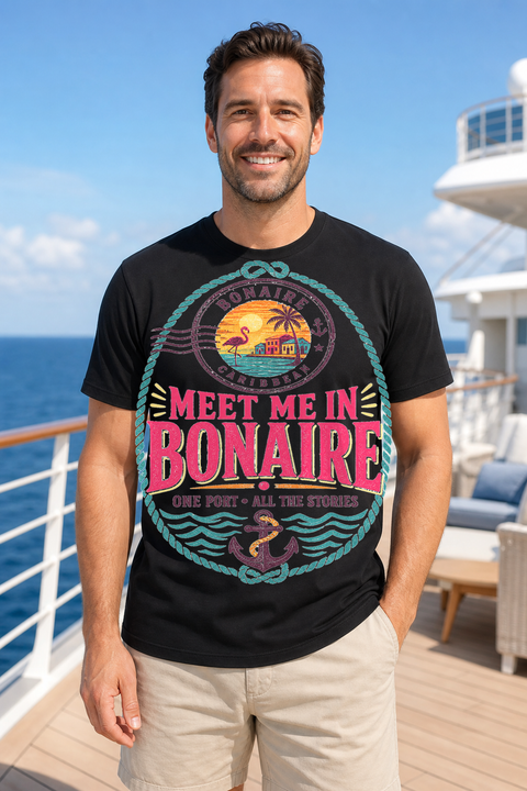 Male black T-shirt cruise deck mockup using exact CRUISE-0043 artwork