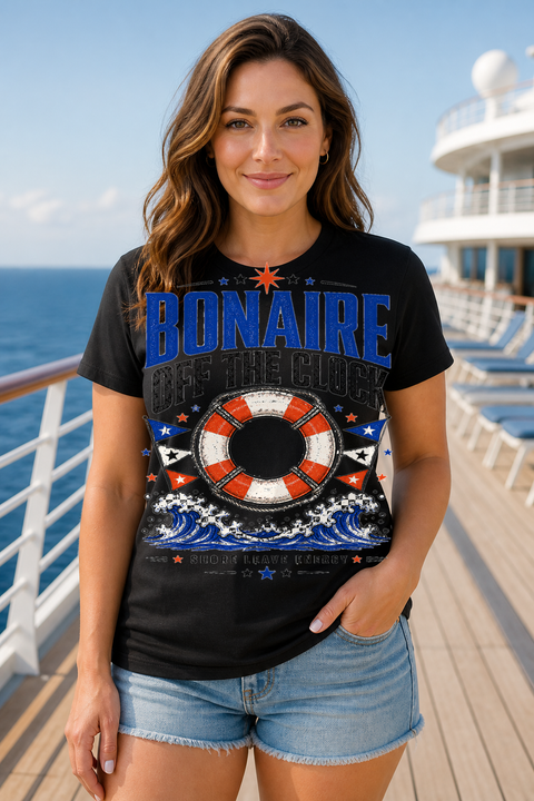Female black T-shirt cruise deck mockup using exact CRUISE-0044 artwork